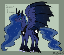 Size: 1750x1500 | Tagged: safe, artist:misskanabelle, derpibooru import, princess luna, alicorn, bat pony, bat pony alicorn, pony, abstract background, bat wings, ethereal mane, female, hoof fluff, horn, mare, peytral, signature, solo, starry mane, story included, wings