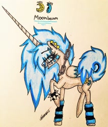 Size: 2316x2732 | Tagged: safe, artist:beamybutt, derpibooru import, oc, oc only, oc:moonbeam, alicorn, pony, alicorn oc, chains, ear piercing, female, horn, leg warmers, mare, piercing, signature, solo, spiked wristband, traditional art, wings, wristband