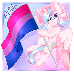 Size: 1280x1280 | Tagged: safe, artist:ladylullabystar, derpibooru import, oc, oc:lullaby star, alicorn, pony, female, flag, holding a flag, mare, pride flag, solo