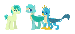 Size: 1159x533 | Tagged: safe, artist:gallantserver, derpibooru import, gallus, sandbar, oc, oc:comet, earth pony, griffon, hippogriff, pony, interspecies offspring, magical gay spawn, male, offspring, parent:gallus, parent:sandbar, parents:gallbar, simple background, transparent background, trio, trio male