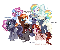 Size: 1029x864 | Tagged: safe, artist:gallantserver, derpibooru import, oc, oc only, oc:antitail, oc:camlet, oc:daylight savings, oc:erebus, oc:misty rainbow, oc:pixie core, oc:solar saber, oc:sugarsweet, earth pony, pegasus, pony, unicorn, base used parent:inky rose, female, magical gay spawn, magical lesbian spawn, mare, offspring, parent:applejack, parent:flash sentry, parent:fluttershy, parent:king sombra, parent:oc:silverlay, parent:pinkie pie, parent:princess cadance, parent:rainbow dash, parent:rarity, parent:starlight glimmer, parent:sunburst, parent:sunset shimmer, parent:trixie, parent:twilight sparkle, parent:vapor trail, parents:canon x oc, parents:flashburst, parents:shimmerglimmer, parents:silverjack, parents:sombrashy, parents:trixiepie, parents:twidance, parents:vapordash, simple background, transparent background