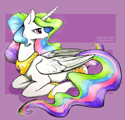 Size: 1280x1229 | Tagged: safe, artist:glassygreatart, derpibooru import, princess celestia, alicorn, pony, female, looking back, lying down, mare, prone, solo