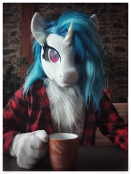 Size: 3072x4096 | Tagged: safe, artist:essorille, artist:taxipone, derpibooru import, dj pon-3, vinyl scratch, unicorn, clothes, coffee, cosplay, costume, female, fluffy, fursuit, irl, looking at you, mare, mask, photo, ponysuit, shirt, solo