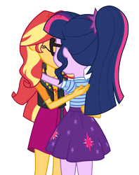 Size: 600x757 | Tagged: safe, artist:jcpreactyt, derpibooru import, sci-twi, sunset shimmer, twilight sparkle, equestria girls, close eyes, clothes, female, hair, hair tie, hug, jacket, kissing, lesbian, ponytail, scitwishimmer, shipping, shirt, skirt, sunsetsparkle