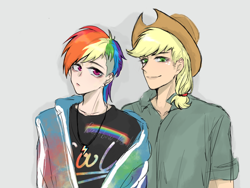 Size: 2666x2000 | Tagged: safe, artist:菜c, derpibooru import, applejack, applejack (male), rainbow blitz, rainbow dash, human, appleblitz (gay), appledash, applejack's hat, clothes, cowboy hat, gay, hat, humanized, jacket, jewelry, male, necklace, rule 63, shipping, translated in the comments