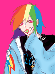 Size: 1042x1390 | Tagged: safe, artist:菜c, derpibooru import, rainbow dash, human, clothes, cutie mark, cutie mark on clothes, ear piercing, humanized, jacket, jewelry, necklace, piercing, solo, tongue, tongue out, tongue piercing