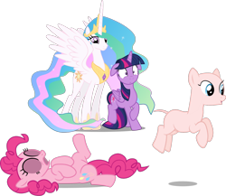 Size: 1510x1308 | Tagged: safe, artist:badumsquish-edits, artist:felix-kot, artist:lman225, artist:slb94, derpibooru import, edit, edited edit, editor:slayerbvc, pinkie pie, princess celestia, twilight sparkle, twilight sparkle (alicorn), alicorn, earth pony, bald, celestia is amused, celestia's crown, ears, female, floppy ears, furless, furless edit, hoof shoes, mare, no shame, nudity, peytral, pinkie pie suit, ponysuit, pronking, shaved tail, shocked, simple background, smiling, streaking, tail between legs, transparent background, varying degrees of amusement, vector, vector edit