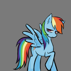 Size: 1080x1080 | Tagged: safe, artist:菜c, derpibooru import, rainbow dash, pegasus, pony, fanfic:rainbow factory, fanfic art, gray background, lidded eyes, raised hoof, raised leg, simple background, spread wings, wings