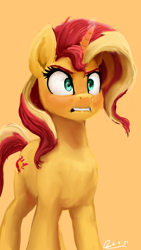 Size: 1080x1920 | Tagged: safe, artist:raphaeldavid, derpibooru import, sunset shimmer, pony, unicorn, equestria girls, angry, atg 2021, female, glowing horn, horn, lip bite, magic, mare, newbie artist training grounds, orange background, simple background, solo