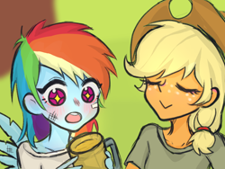 Size: 1080x810 | Tagged: safe, artist:菜c, derpibooru import, applejack, rainbow dash, human, equestria girls, (uvu), appledash, applejack's hat, blushing, cider, cider mug, clothes, cowboy hat, dirty, eyes closed, female, freckles, hat, humanized, lesbian, mug, shipping, starry eyes, wingding eyes, winged humanization, wings