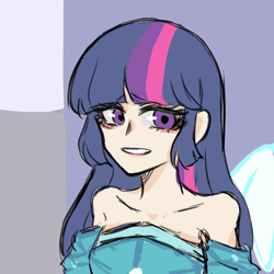 Size: 1080x1080 | Tagged: safe, artist:菜c, derpibooru import, twilight sparkle, human, bare shoulders, bust, clothes, concerned, dress, humanized, solo