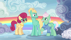 Size: 1920x1080 | Tagged: safe, derpibooru import, screencap, gentle breeze, posey shy, zephyr breeze, pegasus, pony, flutter brutter, season 6, female, glasses, jewelry, male, mare, necklace, pearl necklace, raised hoof, raised leg, stallion, trio