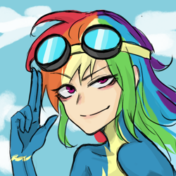 Size: 1080x1080 | Tagged: safe, artist:菜c, derpibooru import, rainbow dash, human, bust, clothes, dreamworks face, goggles, humanized, palindrome get, portrait, sky background, solo, uniform, wonderbolts uniform