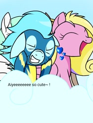 Size: 768x1024 | Tagged: safe, artist:windy breeze, derpibooru import, oc, oc only, oc:windy breeze, pegasus, pony, cheering, clothes, cloud, dialogue, eyes closed, female, grin, happy, heart, mare, smiling, squee, uniform, wonderbolts uniform