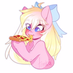 Size: 3229x3229 | Tagged: safe, artist:yuozka, derpibooru import, oc, oc only, oc:bay breeze, pegasus, pony, alternate hairstyle, blushing, bow, commission, cute, eating, female, food, hair bow, long mane, mare, ocbetes, pegasus oc, pizza, simple background, solo, white background, ych result