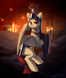 Size: 1000x1185 | Tagged: safe, artist:shido-tara, derpibooru import, flash magnus, armor, burning, fire, helmet, looking at you, pillars of equestria, shield