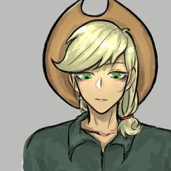 Size: 1080x1080 | Tagged: safe, artist:菜c, derpibooru import, applejack, applejack (male), equestria girls, applejack's hat, clothes, cowboy hat, freckles, gray background, hat, lidded eyes, looking down, rule 63, simple background, solo