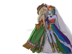 Size: 2666x2000 | Tagged: safe, artist:菜c, derpibooru import, applejack, rainbow dash, equestria girls, appledash, bare shoulders, boots, clothes, cowboy hat, dress, female, gala dress, hat, imminent kissing, lesbian, sandals, shadow, shipping, shoes, simple background, sleeveless, strapless, white background