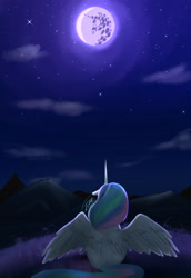 Size: 2048x2979 | Tagged: safe, artist:arforzan, derpibooru import, princess celestia, alicorn, pony, female, mare, mare in the moon, moon, night, sitting, solo, spread wings, wings