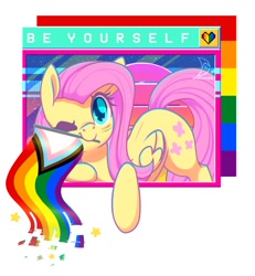 Size: 1111x1200 | Tagged: safe, artist:musicfirewind, derpibooru import, fluttershy, pegasus, pony, flag, mouth hold, one eye closed, pride flag