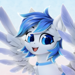 Size: 2000x2000 | Tagged: safe, artist:inowiseei, derpibooru import, oc, oc only, oc:canicula, pegasus, pony, bust, commission, cute, female, happy, jewelry, looking at you, mare, necklace, open mouth, open smile, portrait, smiling, smiling at you, solo, spread wings, wings