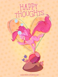 Size: 3000x4000 | Tagged: safe, artist:emerald-light, derpibooru import, pinkie pie, earth pony, beach ball, eyes closed, flower, heart, juggling, sketchy, smiling, solo, text