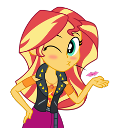 Size: 1999x2227 | Tagged: safe, artist:kingdark0001, derpibooru import, sunset shimmer, better together, equestria girls, blowing a kiss, clothes, female, geode of empathy, looking at you, magical geodes, one eye closed, simple background, skirt, solo, transparent background