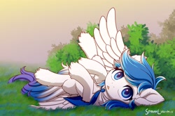 Size: 4096x2731 | Tagged: safe, artist:symbianl, derpibooru import, oc, oc only, oc:canicula, pegasus, pony, bush, female, fluffy, grass, looking at you, lying down, lying in grass, lying on the ground, mare, on back, open mouth, solo