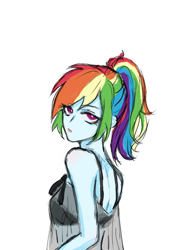 Size: 1080x1440 | Tagged: safe, artist:菜c, derpibooru import, rainbow dash, equestria girls, babydoll, bare shoulders, breasts, clothes, female, lidded eyes, nightgown, over the shoulder, ponytail, simple background, sleeveless, solo, white background