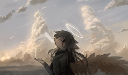 Size: 2560x1500 | Tagged: safe, artist:ssnerdy, derpibooru import, oc, oc only, anthro, pegasus, blood, cigarette, cloudscape, cut, eyes closed, female, halo, smoking, solo, spread wings, wings