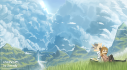 Size: 2560x1400 | Tagged: safe, artist:ssnerdy, derpibooru import, oc, oc only, anthro, plantigrade anthro, unicorn, clothes, duo, glasses, grass, headphones, mountain, pants, scarf, scenery, shirt, waterfall