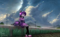 Size: 2560x1600 | Tagged: safe, artist:ssnerdy, derpibooru import, oc, oc only, anthro, plantigrade anthro, bag, clothes, cloud, female, hoodie, lidded eyes, power line, scenery, shoes, sitting, skirt, solo, stars