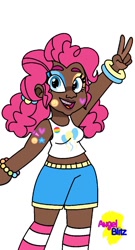 Size: 690x1280 | Tagged: safe, artist:angelblitzowo, derpibooru import, pinkie pie, human, alternate hairstyle, bandaid, belly button, bracelet, braces, clothes, dark skin, eyeshadow, face paint, female, humanized, jewelry, lipstick, makeup, midriff, pansexual, pansexual pride flag, peace sign, pride, pride flag, shorts, simple background, solo, sticker, tanktop, white background, wristband