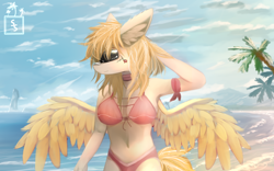 Size: 2560x1600 | Tagged: safe, artist:ssnerdy, derpibooru import, oc, oc only, anthro, pegasus, beach, bikini, clothes, ear fluff, ears, female, palm tree, solo, spread wings, sunglasses, swimsuit, tree, wings