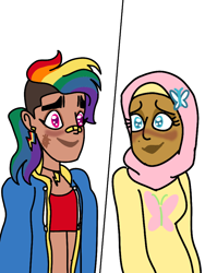 Size: 720x960 | Tagged: safe, artist:angelblitzowo, derpibooru import, fluttershy, rainbow dash, human, alternate hairstyle, bandaid, blushing, clothes, dark skin, ear piercing, earring, female, flutterdash, hijab, humanized, islam, islamashy, jacket, jewelry, latina, lesbian, necklace, piercing, religion, shipping, simple background, sports bra, sweater, sweatershy, white background