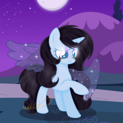 Size: 1080x1080 | Tagged: safe, artist:emeriss96, derpibooru import, oc, oc:mimi rusebiry, alicorn, pony, female, grass, hill, night, shiny eyes, solo, wings