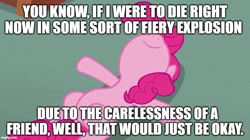 Size: 888x499 | Tagged: safe, derpibooru import, edit, edited screencap, screencap, pinkie pie, season 3, too many pinkie pies, belly, caption, dying for pie, image macro, imgflip, lying down, meme, nose in the air, smiling, solo, spongebob squarepants, tearjerker, text