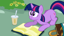 Size: 1280x720 | Tagged: safe, derpibooru import, screencap, twilight sparkle, unicorn twilight, pony, unicorn, mmmystery on the friendship express, season 2, best pony, book, cup, cute, solo, straw, twiabetes