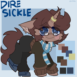 Size: 1024x1024 | Tagged: safe, artist:vampsaki, derpibooru import, oc, oc only, oc:dire sickle, pony, unicorn, clothes, glasses, horn, jewelry, looking at you, male, reference sheet, ring, scarf, solo, stallion, unicorn oc