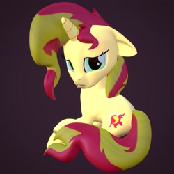 Size: 4000x4000 | Tagged: safe, artist:wissle, derpibooru import, sunset shimmer, pony, unicorn, 3d, absurd resolution, atg 2021, blender, female, looking at you, looking back, looking back at you, mare, newbie artist training grounds, sad, simple background, sitting, solo, sunsad shimmer