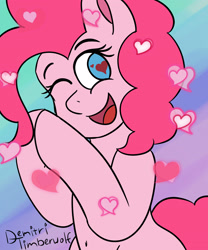 Size: 3000x3600 | Tagged: safe, artist:demitri, derpibooru import, pinkie pie, pony, belly button, heart, heart eyes, newbie artist training grounds, one eye closed, open mouth, open smile, signature, smiling, solo, wingding eyes