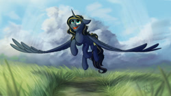 Size: 1024x576 | Tagged: safe, artist:klarapl, derpibooru import, oc, oc only, alicorn, pony, alicorn oc, commission, female, flying, grass, horn, large wings, mare, open mouth, scenery, smiling, solo, spread wings, wings