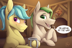 Size: 3000x2000 | Tagged: safe, artist:klarapl, derpibooru import, oc, oc only, oc:karoline skies, oc:lodvik, earth pony, pony, dialogue, duo, female, high res, indoors, male, mare, mug, open mouth, smiling, speech bubble, stallion