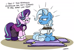 Size: 2500x1719 | Tagged: safe, artist:bobthedalek, derpibooru import, starlight glimmer, trixie, pony, unicorn, annoyed, assistant's outfit, belt, bondage, bow, clothes, cuffs (clothes), dialogue, duo, female, fishnet pantyhose, magic show, mare, scrunchy face, simple background, straitjacket, trixie is not amused, unamused, white background