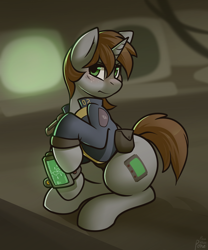Size: 1280x1536 | Tagged: dead source, safe, artist:whitepone, derpibooru import, oc, oc only, oc:littlepip, pony, unicorn, fallout equestria, blushing, clothes, cutie mark, fanfic, fanfic art, female, freckles, hooves, horn, mare, pipbuck, raised hoof, raised leg, sitting, solo, vault suit