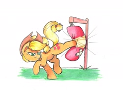 Size: 2339x1700 | Tagged: safe, artist:starpaintart, derpibooru import, applejack, earth pony, pony, bucking, female, kicking, looking back, mare, punching bag, simple background, solo, traditional art, white background