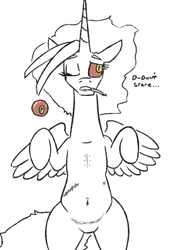 Size: 496x708 | Tagged: safe, artist:jargon scott, derpibooru import, oc, oc:dyx, alicorn, earth pony, belly button, black and white, cigarette, featureless crotch, female, glass eye, grayscale, lying down, mare, missing eye, monochrome, neo noir, older, older dyx, on back, overhead view, partial color, scar, simple background, solo, white background