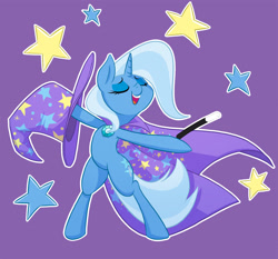 Size: 1916x1787 | Tagged: safe, artist:ikarooz, derpibooru import, trixie, pony, unicorn, bipedal, clothes, eyes closed, female, hat, magic wand, mare, open mouth, purple background, simple background, solo, stars, trixie's hat, white outline