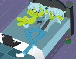 Size: 3301x2550 | Tagged: safe, artist:excelso36, part of a set, oc, oc only, oc:excelso, human, pony, unicorn, equestria girls, bed, cellphone, chillaxing, clothes, computer, glasses, human ponidox, laptop computer, male, males only, phone, self ponidox, socks, stallion, stocking feet