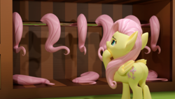 Size: 3840x2160 | Tagged: safe, artist:xppp1n, fluttershy, pegasus, pony, 3d, blender, blender cycles, fake tail, female, mare, raised hoof, raised leg, solo